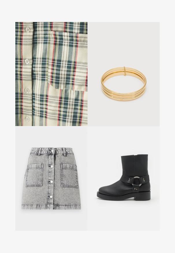 Rutet skjorte i creme med mørkegrønne, røde og gule accentuer. Har en lomme og runde knapper, lavet af et blødt, vævet stof.; Denim nederdel i lysegrå med en vinget tekstur, med knaplukning foran, to store frontlommer og lige pasform.; Zign Studio LEATHER - Plateaustøvletter - black; Tre-armet armbånd i guldfarvet metal med en lille sikringskæde og en glat, poleret finish, lagt fladt på en neutral baggrund.