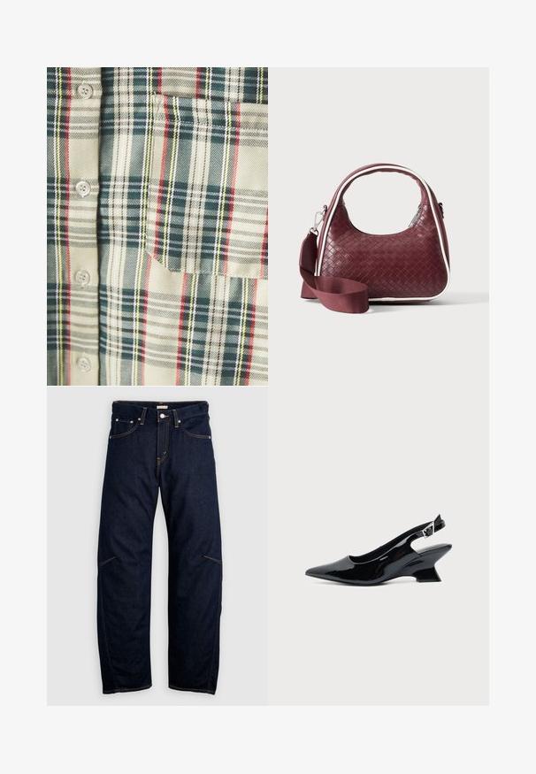 Rutet skjorte i creme med mørkegrønne, røde og gule accentuer. Har en lomme og runde knapper, lavet af et blødt, vævet stof.; Mørkeblå denimjeans med lige ben, udstyret med lommer foran og bagpå samt kontrasterende gule sømme. Ingen synlige pynt.; Sort laklæder slingback sko med spids tå og lav vinklet blokhæl på ensartet lys baggrund.; Mørkerød vævet lædertaske med buet hank, hvid kant, sølv lynlås og aftagelig bred stofskulderrem mod en ensfarvet baggrund.