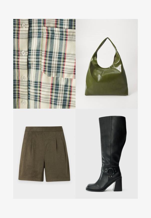 Rutet skjorte i creme med mørkegrønne, røde og gule accentuer. Har en lomme og runde knapper, lavet af et blødt, vævet stof.; Mørk olivengrønne shorts lavet af et blødt, suede-lignende materiale, med en plisseret design, mellemlang længde og en ren, struktureret talje.; Knæhøje sorte læderstøvler med firkantet tå, bred hæl og en dekorativ rem med metalaccenter omkring anklen. Glat tekstur.; Grøn læder hobo taske med en slouchy design, buet håndtag og glat tekstur. Indeholder ingen synlig hardware eller accenter.