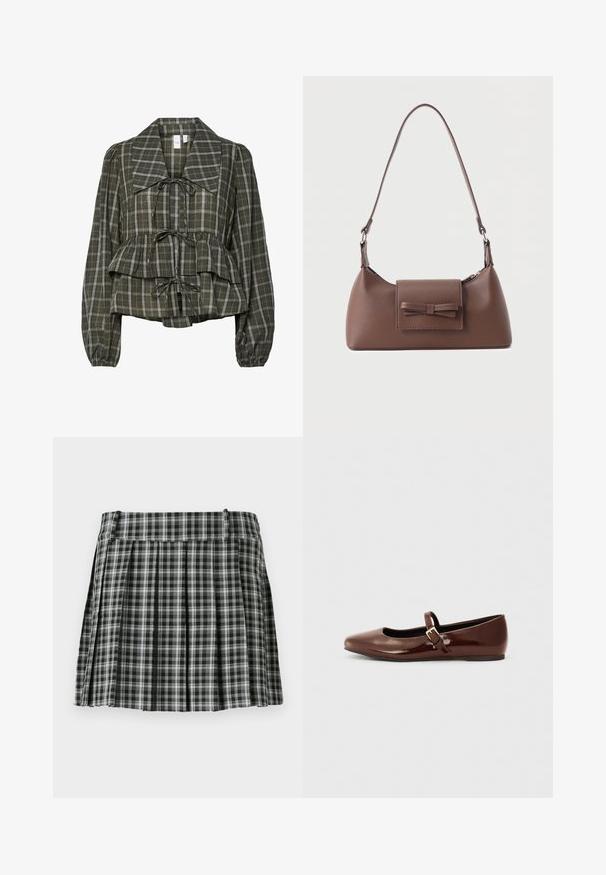Blusa de manga larga a cuadros en verde oliva con collar oversized, cintura fruncida, detalle de peplum y tres lazos atados en la parte delantera.; Falda plisada de cuadros en blanco y negro con una cintura suave y múltiples pliegues verticales. Fabricada en un tejido ligero.; Bailarina de charol marrón con punta cuadrada y tira que presenta una pequeña hebilla dorada. Textura suave, tacón bajo y diseño minimalista.; Bolso bandolera de cuero marrón con un bolsillo frontal de solapa que presenta un detalle de moño cosido y una correa ajustable.