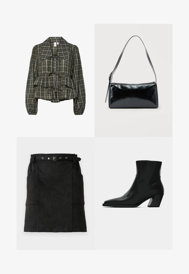 Blusa de manga larga a cuadros en verde oliva con collar oversized, cintura fruncida, detalle de peplum y tres lazos atados en la parte delantera.; Falda de ante negra con una forma ajustada, que incluye pasadores para cinturón, una hebilla y dos bolsillos laterales. Textura suave, diseño hasta las rodillas.; Bota de tobillo de cuero negro con punta afilada, una silueta elegante y un tacón cuadrado grueso. Textura suave con detalles de costura mínimos.; Bolso de hombro rectangular negro con una correa ajustable y un cierre de cremallera superior sobre un fondo liso.