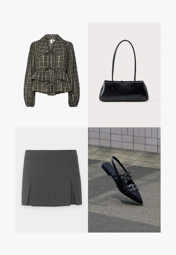 Blusa de manga larga a cuadros en verde oliva con collar oversized, cintura fruncida, detalle de peplum y tres lazos atados en la parte delantera.; Minifalda gris con una textura suave, que presenta una cinturilla plana y dos aberturas en los lados frontales para un detalle adicional. Diseño casual.; Sandalia plana negra de punta afilada con varias correas con hebillas y talón descubierto, situada sobre una superficie pavimentada y con un fondo de muro de azulejos.; Bolso de hombro rectangular negro con correas largas y delgadas y una textura lisa y brillante sobre un fondo liso.