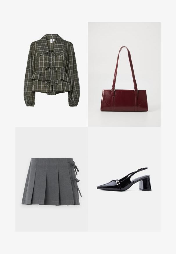 Blusa de manga larga a cuadros en verde oliva con collar oversized, cintura fruncida, detalle de peplum y tres lazos atados en la parte delantera.; Minifalda plisada gris en un tejido texturizado, que presenta un cierre anudado en un lado y una cintura lisa para mayor comodidad.; Zapato de mujer tipo slingback de charol negro con punta afilada, tacón bajo y cuadrado, y dos hebillas pequeñas plateadas en las correas.; Bolso burdeos hecho de material brillante, de forma rectangular, con dos asas para el hombro y sutiles acentos curvados en la parte frontal.