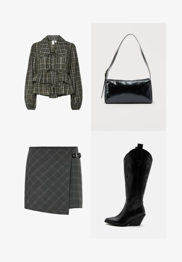 Olijfgroene geruite blouse met lange mouwen, oversized kraag, geraffineerde taille, peplumdetail en drie gestrikte strikken aan de voorkant.; Donkergrijze geruite wollen wikkelrok met zwarte gespdetail aan de rechterzijde, rechte zoom en subtiele diagonale lijnenpatroon.; Zwarte leren cowboylaars met puntige neus, schuine blokhak, decoratieve stiksels en aantreklusjes bovenaan tegen een witte achtergrond.; Zwarte rechthoekige schoudertas met een enkele verstelbare band en een bovenste ritssluiting op een effen achtergrond.