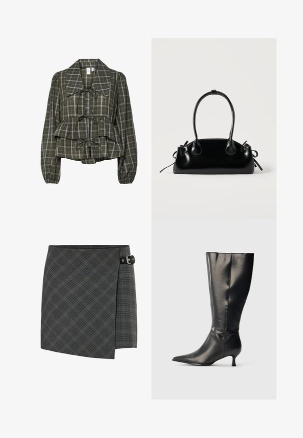 Olijfgroene geruite blouse met lange mouwen, oversized kraag, geraffineerde taille, peplumdetail en drie gestrikte strikken aan de voorkant.; Donkergrijze geruite wollen wikkelrok met zwarte gespdetail aan de rechterzijde, rechte zoom en subtiele diagonale lijnenpatroon.; Zwarte leren kniehoge laars met puntige neus en lage kittenhak, weergegeven op een effen lichte achtergrond.; Kleine zwarte glanzende handtas met twee lange hengsels en zijkant trekkoord details op een effen lichte achtergrond.