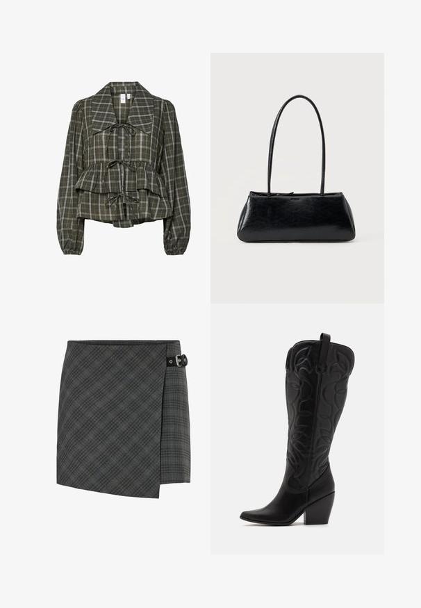 Blusa de manga larga a cuadros en verde oliva con collar oversized, cintura fruncida, detalle de peplum y tres lazos atados en la parte delantera.; Falda de lana a cuadros gris oscuro con detalle de hebilla negra en el lado derecho, dobladillo recto y un sutil patrón de líneas diagonales.; Botas negras de cuero hasta la rodilla con punta puntiaguda y tacón apilado. Presentan costuras decorativas y elementos de diseño curvados.; Bolso de hombro rectangular negro con correas largas y delgadas y una textura lisa y brillante sobre un fondo liso.