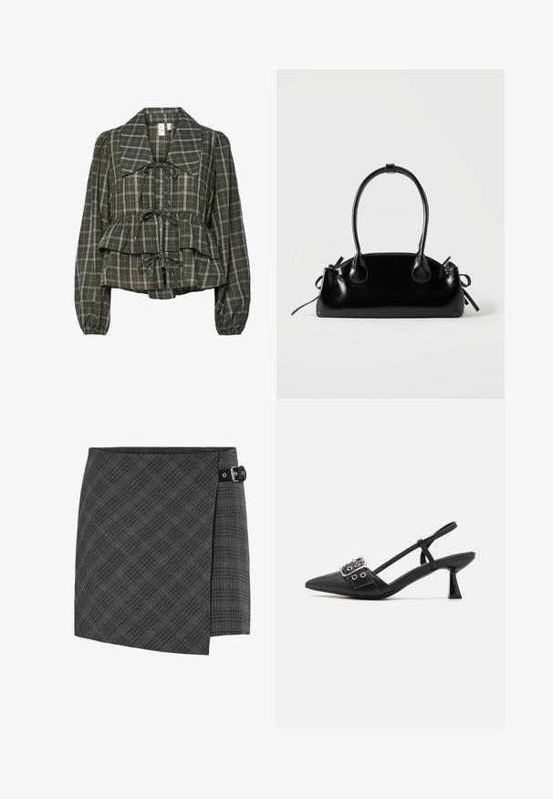 Olijfgroene geruite blouse met lange mouwen, oversized kraag, geraffineerde taille, peplumdetail en drie gestrikte strikken aan de voorkant.; Donkergrijze geruite wollen wikkelrok met zwarte gespdetail aan de rechterzijde, rechte zoom en subtiele diagonale lijnenpatroon.; Simmi London DALA - Klassieke pumps - black; Kleine zwarte glanzende handtas met twee lange hengsels en zijkant trekkoord details op een effen lichte achtergrond.