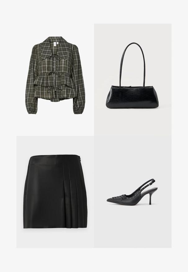 Blusa de manga larga a cuadros en verde oliva con collar oversized, cintura fruncida, detalle de peplum y tres lazos atados en la parte delantera.; Mini falda de piel sintética negra con un frente liso y detalle plisado en el lado derecho, que cuenta con un cierre de cremallera en la parte posterior.; Sandal de tacón stiletto negro de cuero con punta afilada, correa lateral con hebilla, tachuelas a lo largo del borde y cordones decorativos en la parte delantera.; Bolso de hombro rectangular negro con correas largas y delgadas y una textura lisa y brillante sobre un fondo liso.