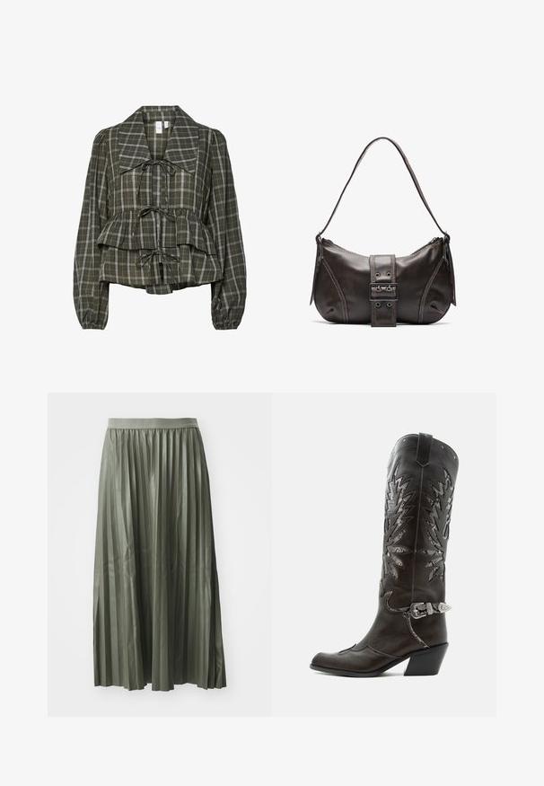 Olive roheline ruuduline pikkade varrukatega pluus, millel on ülikoopsaka krae, volangiga talje, peplum-detail ja kolm sidumist paela ees.; Pleated midi seelik hallikas roheline, valmistatud läikivast kangast. Omab elastset vööd ja ulatub keskmise sääreni, ühtlaste vertikaalsete voldikutega.; Mustast nahast kameelisaap kaunistavate lõigetega, hõbedase pandla ja kaldu kannaosaga, valgel taustal.; Pruunist nahast õlakott kumerate joontega, millel on silmapaistev pandla detail, kontrastne õmblus ja üks õlavarre rihm.