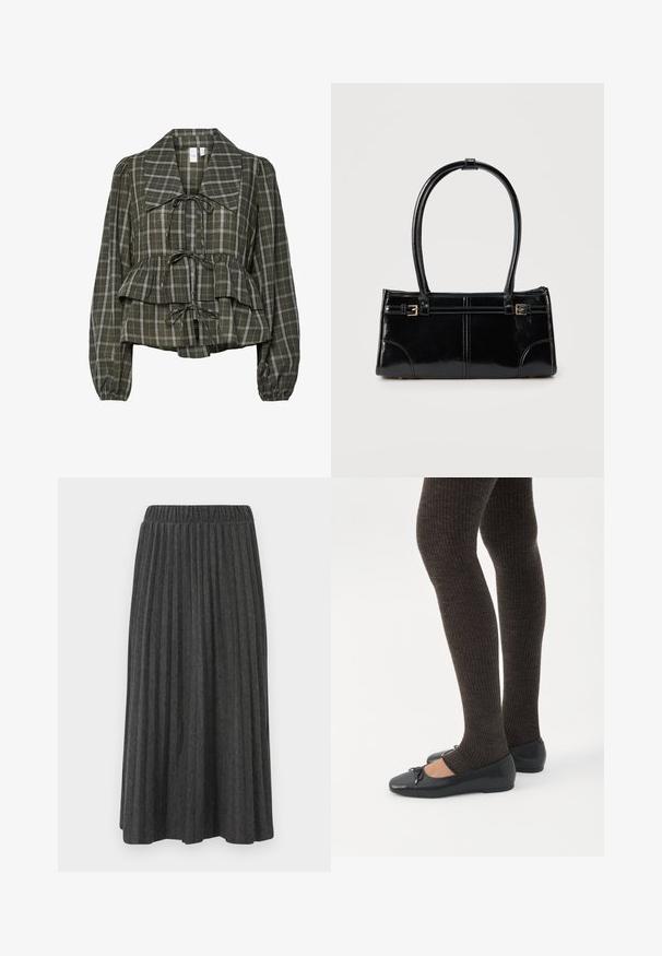 Olijfgroene geruite blouse met lange mouwen, oversized kraag, geraffineerde taille, peplumdetail en drie gestrikte strikken aan de voorkant.; Grijze plissé midi rok met een elastische tailleband, voorzien van verticale plooien en een gladde textuur, geschikt voor verschillende gelegenheden.; Benen met donkere geribbelde leggings gecombineerd met zwarte ballerina's met kleine strikdetails op een witte achtergrond.; Glanzend zwart rechthoekig handtasje met twee dunne schouderbanden en kleine gouden gespsdetails aan de voorkant.