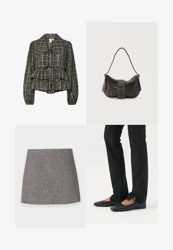 Blusa de manga larga a cuadros en verde oliva con collar oversized, cintura fruncida, detalle de peplum y tres lazos atados en la parte delantera.; Falda con patrón de espiga en tejido gris, con una silueta entallada, textura suave y bajo limpio y recto.; Piernas con pantalones ajustados negros con aberturas frontales en el dobladillo, combinados con zapatos planos Mary Jane negros con una pequeña correa con hebilla.; Bolso de hombro de cuero negro con detalle de correa con hebilla, bordes curvos y costuras blancas en contraste sobre un fondo liso.