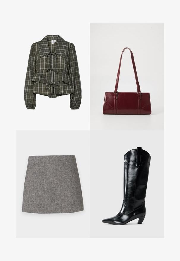 Olijfgroene geruite blouse met lange mouwen, oversized kraag, geraffineerde taille, peplumdetail en drie gestrikte strikken aan de voorkant.; Rok met visgraatmotief in grijze stof, met een aansluitende pasvorm, een gladde textuur en een nette, rechte zoom.; Zwarte leren kniehoge laarzen met een spitse neus, lage hak en decoratieve stiksels aan de zijkanten. Gladde glanzende afwerking.; Bourgondische handtas van glanzend materiaal, rechthoekige vorm, met twee schouderbanden en subtiele gebogen accenten aan de voorkant.