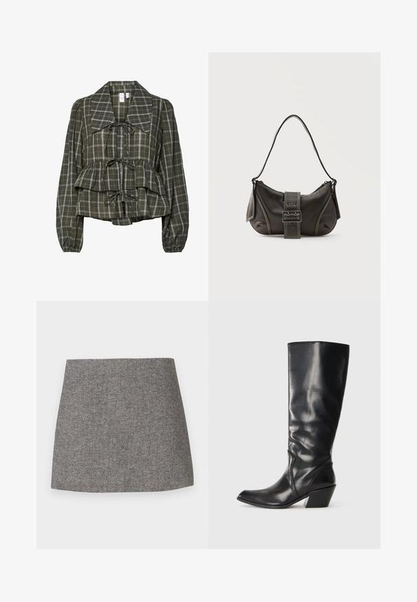 Blusa de manga larga a cuadros en verde oliva con collar oversized, cintura fruncida, detalle de peplum y tres lazos atados en la parte delantera.; Falda con patrón de espiga en tejido gris, con una silueta entallada, textura suave y bajo limpio y recto.; Bota de cuero negra hasta la rodilla con punta afilada, tacón angular y textura suave. Presenta un sutil acento de costura a lo largo del costado.; Bolso de hombro de cuero negro con detalle de correa con hebilla, bordes curvos y costuras blancas en contraste sobre un fondo liso.