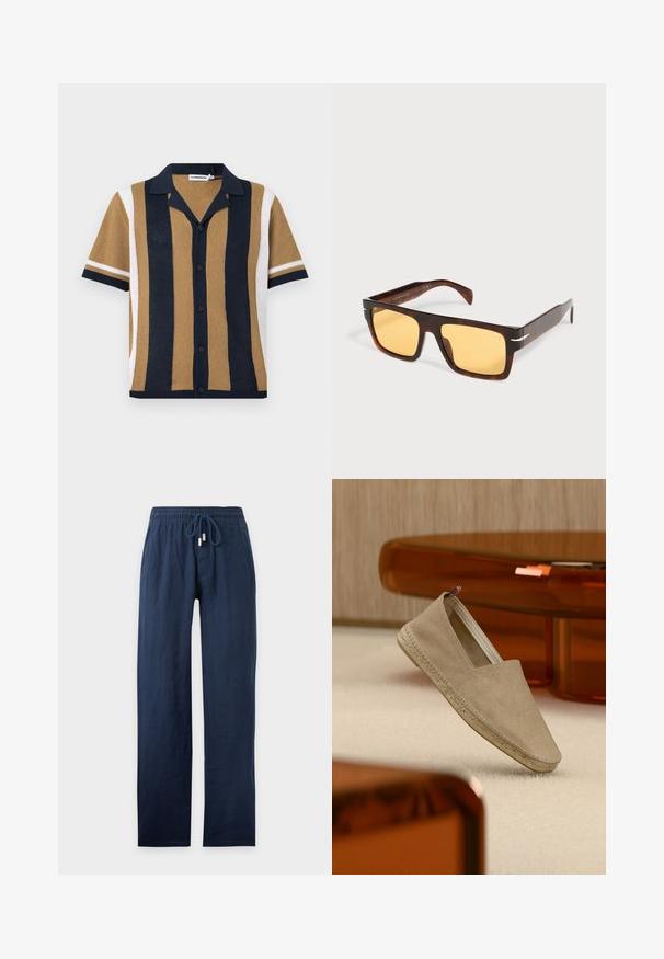 Chemise en maille à manches courtes avec rayures verticales bleu marine, beige et blanc, boutonnée à l'avant et col ouvert.; Pantalon bleu marine à jambes droites avec taille élastique et cordon de serrage, en tissu léger.; Espadrille en toile beige avec semelle tressée et petite languette tricolore sur le talon, posée sur un tapis clair avec un mobilier teinté d'ambre en arrière-plan.; Lunettes de soleil rectangulaires en écaille avec de larges montures et des verres teintés jaunes sur fond blanc.