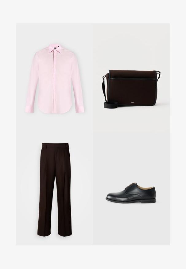 Chemise rose clair à manches longues avec boutons sur le devant, col pointu, poignets boutonnés et texture de tissu lisse, présentée sur un fond uni.; Pantalons marron ajustés avec une coupe droite, présentant un pli avant, une texture lisse et une taille classique. Adaptés pour les occasions formelles.; Calvin Klein ESS DERBY - Derbies - triple black; Sac messager en tissu brun foncé avec une sangle noire ajustable et un petit logo argenté "BOSS" sur le rabat avant.