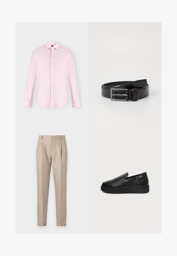 Chemise rose clair à manches longues avec boutons sur le devant, col pointu, poignets boutonnés et texture de tissu lisse, présentée sur un fond uni.; Pantalon beige sur mesure avec plis devant, passants de ceinture et jambes fuselées fines sur fond blanc.; Chaussure noire en cuir à enfiler avec semelle épaisse et petits trous de ventilation latéraux, avec un logo doré "HUGO" près du talon.; Ceinture en cuir noir au toucher lisse, dotée d'une boucle rectangulaire en argent et d'un double détail de broche. Design classique et polyvalent.