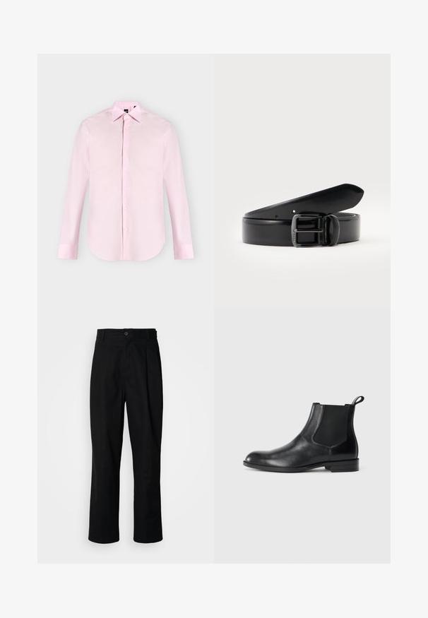 Chemise rose clair à manches longues avec boutons sur le devant, col pointu, poignets boutonnés et texture de tissu lisse, présentée sur un fond uni.; Pantalons noirs à jambes droites avec une taille à bouton, passants de ceinture et pli avant, présentés sur un fond blanc uni.; Bottine en cuir noir avec des panneaux latéraux élastiques, bout rond et tirette. Texture lisse, semelle plate, design minimaliste.; Ceinture en cuir noir roulée avec une boucle à ardillon métallique noire, sur un fond clair uni.