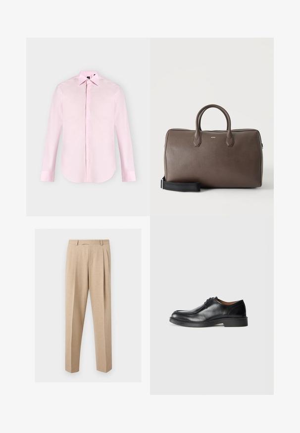 Chemise rose clair à manches longues avec boutons sur le devant, col pointu, poignets boutonnés et texture de tissu lisse, présentée sur un fond uni.; Pantalon beige sur mesure avec plis sur le devant, passants de ceinture et jambes droites, présenté sur un fond clair et uni.; Chaussure de ville en cuir noir avec un bout arrondi, surface lisse, détails en dentelle et une semelle en caoutchouc texturée basse. Lignes épurées et design minimal.; Sac de sport en cuir marron avec deux poignées, une bandoulière noire réglable et un petit logo "BOSS" au centre à l'avant.