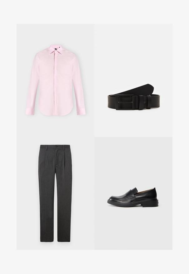 Chemise rose clair à manches longues avec boutons sur le devant, col pointu, poignets boutonnés et texture de tissu lisse, présentée sur un fond uni.; Pantalons gris sur mesure avec une coupe droite, dotés d'un pli avant, d'une fermeture éclair et d'un bouton. Texture lisse, design classique.; Chaussure habillée noire en cuir, à enfiler, avec un petit talon et un logo Calvin Klein discret sur le côté, présentée de profil sur un fond blanc.; Ceinture en cuir noir roulée avec une boucle en métal rectangulaire noir mat et deux passants sur fond blanc.