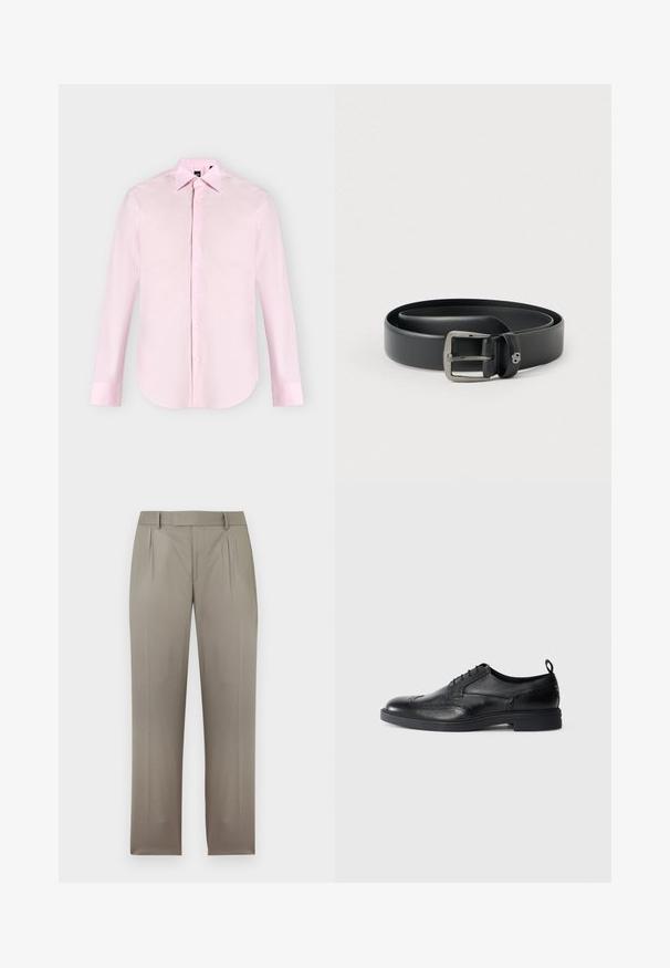 Chemise rose clair à manches longues avec boutons sur le devant, col pointu, poignets boutonnés et texture de tissu lisse, présentée sur un fond uni.; Pantalon sur mesure marron clair avec passants de ceinture, plis avant et jambes droites, présenté sur fond blanc.; Chaussure oxford en cuir noir avec bout fleuri, tirant au talon et semelle en caoutchouc épaisse sur fond blanc.; Ceinture en cuir noir avec une boucle en métal argenté brillante, texture lisse et bords cousus. Dispose d'une boucle pour fixer l'extrémité de la ceinture.