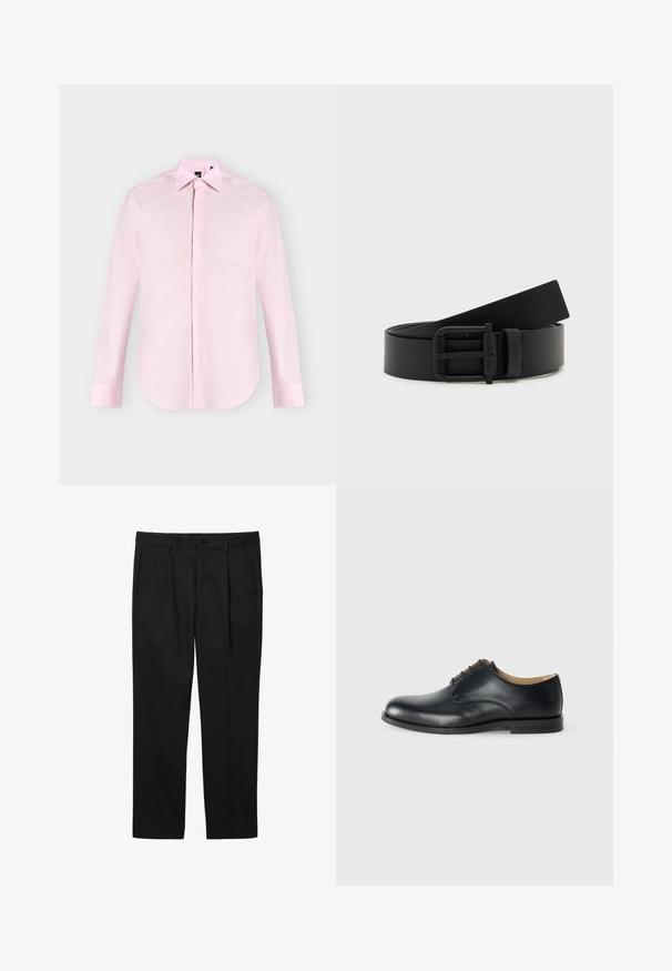 Chemise rose clair à manches longues avec boutons sur le devant, col pointu, poignets boutonnés et texture de tissu lisse, présentée sur un fond uni.; Pantalons formels noirs pour hommes avec poches avant, passants pour ceinture, fermeture par bouton et coupe droite.; Calvin Klein ESS DERBY - Derbies - triple black; Ceinture en cuir noir enroulée avec une boucle en métal noir mat sur fond blanc.