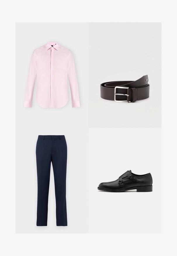 Chemise rose clair à manches longues avec boutons sur le devant, col pointu, poignets boutonnés et texture de tissu lisse, présentée sur un fond uni.; Pantalon tailleur bleu marine avec passants de ceinture, fermeture éclair devant et coupe droite sur fond blanc uni.; Chaussure habillée en cuir noir avec double boucle, silhouette élégante et bout rond. Dispose d'un petit talon et d'une texture lisse.; Ceinture en cuir marron avec une finition lisse, équipée d'une boucle rectangulaire en métal argenté et d'un détail de couture contrastante.