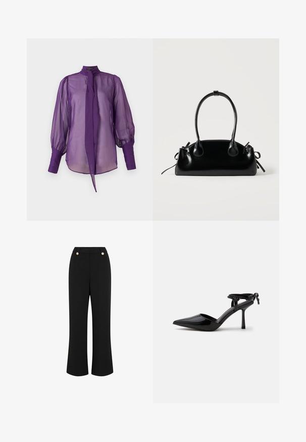 Blouse violette en tissu transparent avec un col montant, un détail nœud et de longues manches bouffantes. Présente des boutons en guise d'accent sur les poignets des manches.; Pantalons larges noirs avec une texture lisse, dotés d'une taille haute, de deux boutons dorés et d'un design ajusté. Pas de poches visibles.; Chaussure à talon haut en cuir verni noir avec bout pointu et bride de cheville nouée à l'arrière, présentée sur un fond blanc uni.; Petit sac à main noir brillant avec deux longues anses et des détails à cordon sur les côtés sur un fond clair uni.