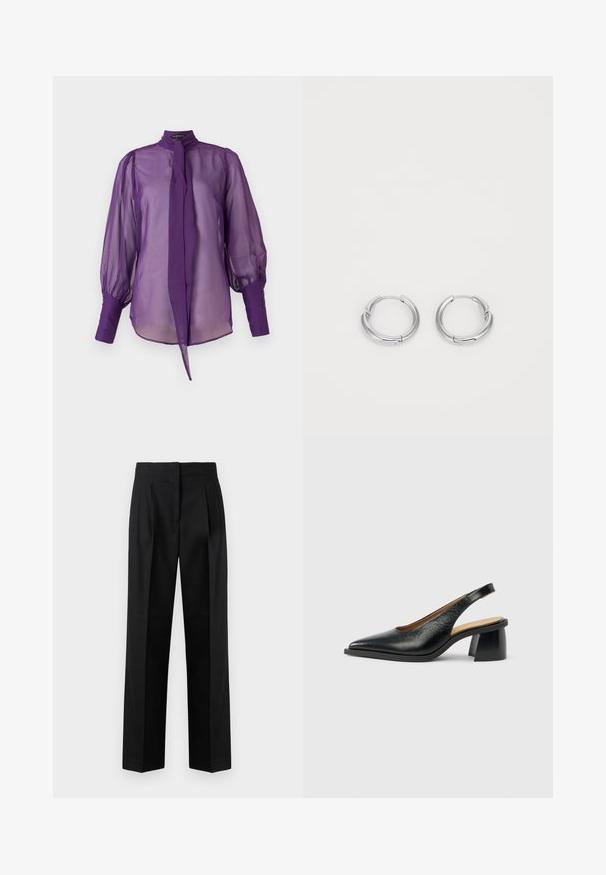 Blouse violette en tissu transparent avec un col montant, un détail nœud et de longues manches bouffantes. Présente des boutons en guise d'accent sur les poignets des manches.; Pantalon noir en tissu tissé, avec une coupe sur mesure, des plis, une jambe droite et un devant plat. Texture durable et lisse.; Chaussure slingback en cuir noir avec un bout pointu et un talon épais et géométrique. La texture semble lisse et polie.; Boucles d'oreilles en argent en forme de rond, avec une finition lisse et polie. Éléments circulaires avec un petit fermoir pour la fermeture. Design minimaliste, léger.