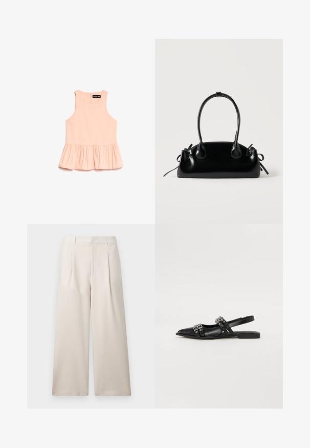 Bezrukávová broskyňová blúzka s okrúhlym výstrihom a nariaseným peplum spodkom, s chrbtovým zipsom a etiketou "sister jane".; ONLY ONLLANDO PLEAT CULOTTE PANT - Nohavice - pumice stone; Even&Odd by Zalando Balerínky na šnúrky - black; Malá čierna lesklá kabelka s dvoma dlhými rúčkami a bočnými šnúrkovými detailmi na jednoduchom svetlom pozadí.