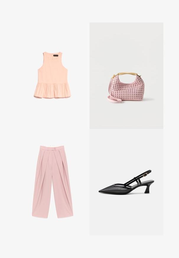 Ærmeløs ferskenfarvet bluse med rund halsudskæring og samlede peplum kant, der har en lynlås i ryggen og "sister jane" label.; Lyserøde bukser med brede ben, frontplissee, bæltestropper og høj talje, vist fladt på en hvid baggrund.; Sort spids tå slingback-sko med mesh-øverdel, tynde stropper, guldlås og lav buet hæl på hvid baggrund.; Pink flettet læderhåndtaske med et kort, gyldent håndtag og en aftagelig lang rem på en ens hvid baggrund.