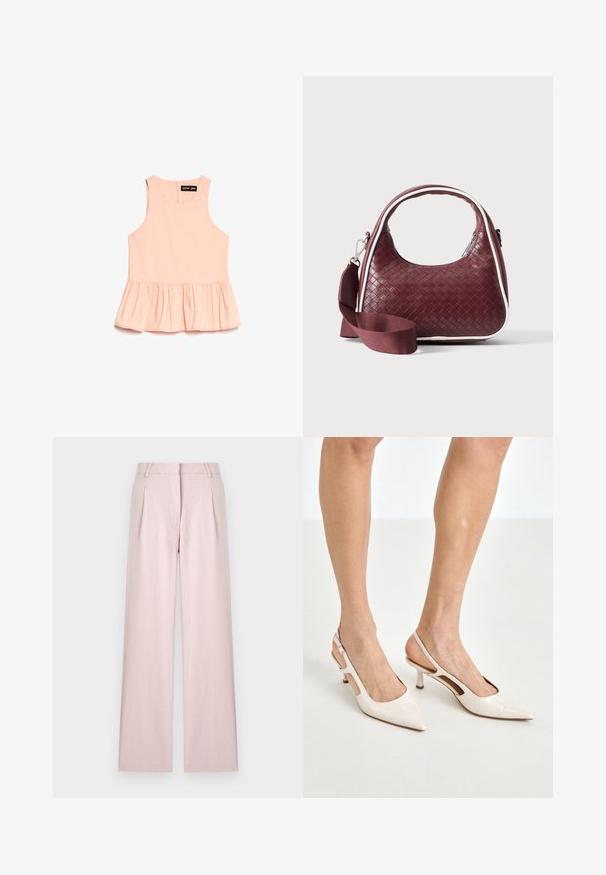 Blusa sin mangas de melocotón con escote redondo y dobladillo de peplum fruncido, que presenta una cremallera en la parte posterior y la etiqueta "sister jane".; Pantalones de pierna ancha en rosa claro con pliegues frontales, trabillas para cinturón y cierre delantero oculto, exhibidos sobre un fondo liso.; Tacones slingback de charol beige con punta afilada y un tacón de 5 cm, con lados recortados y una delgada correa en el tobillo.; Bolso de mano de cuero tejido color granate con asa curva, ribete blanco, cremallera plateada y correa desmontable de tela ancha para el hombro sobre fondo liso.