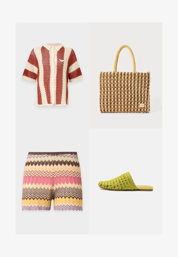 Chemise tricotée à manches courtes en crème et rouille, présentant un tissage ouvert texturé, un col et une fermeture à boutons sur le devant. Comprend un accent logo.; Shorts en maille avec motif zigzag dans des tons marron, crème, jaune, rose et violet, avec un ourlet festonné.; Mule en tissu vert à enfiler avec semelle plate et bout pointu fermé, conçue pour un usage décontracté.; Sac tissé marron et jaune, de forme rectangulaire, avec deux poignées, et une finition texturée avec des coutures visibles et une étiquette de marque.