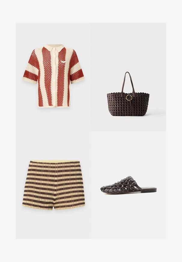 Chemise tricotée à manches courtes en crème et rouille, présentant un tissage ouvert texturé, un col et une fermeture à boutons sur le devant. Comprend un accent logo.; shorts en tricot beige avec des rayures marron et noires ; présentent une texture côtelée et une taille élastique jaune.; Sandale plate noire avec dessus en cuir tressé et design à bout ouvert, posée sur une surface blanche.; Sac cabas tissé marron foncé avec deux poignées et un détail boucle circulaire dorée au centre sur fond uni.
