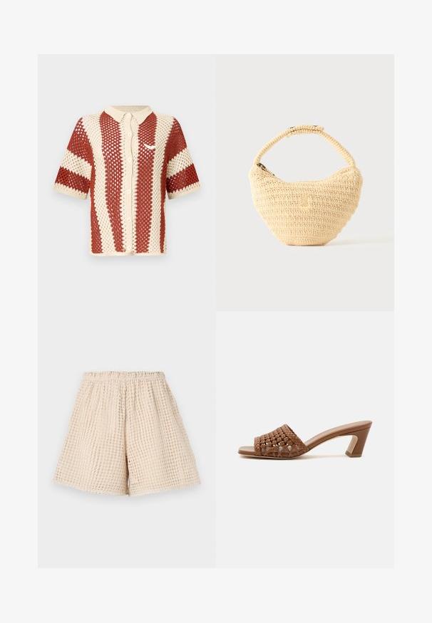 Chemise tricotée à manches courtes en crème et rouille, présentant un tissage ouvert texturé, un col et une fermeture à boutons sur le devant. Comprend un accent logo.; Shorts beiges avec un motif texturé en forme de gaufre. Ceinture élastique et coupe ample. Longueur mi-cuisse. Matériau léger.; Mule tissée marron à bout ouvert avec un talon bloc et un design slip-on sur fond blanc uni.; Sac à main beige tissé avec corps arrondi, fermeture éclair et une sangle courte et épaisse dans un style crochet simple et texturé.