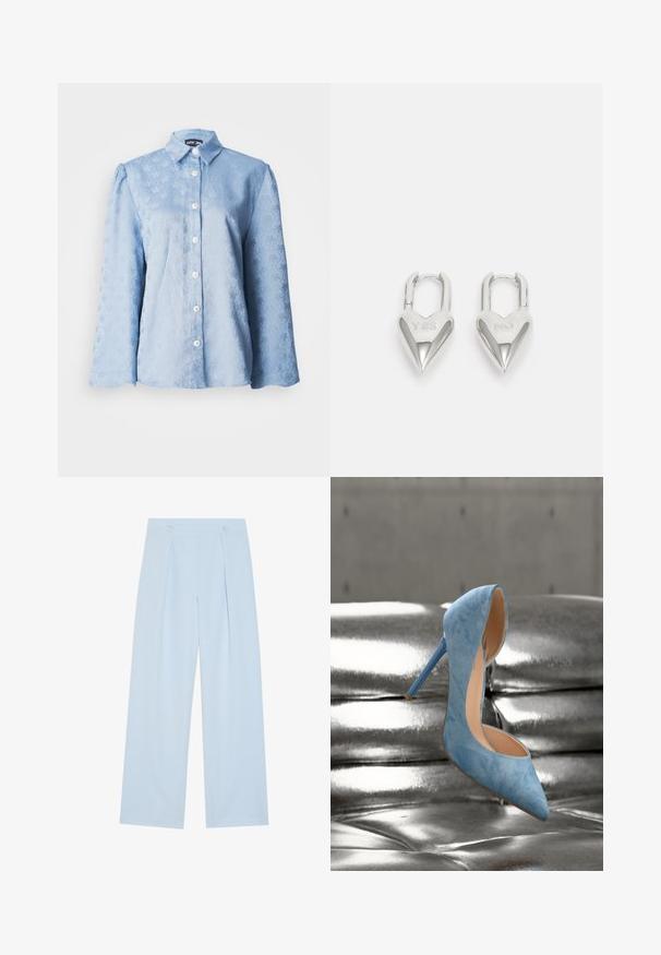Blouse à manches longues bleu clair avec un motif floral texturé, col pointu et boutons blancs sur le devant.; Pantalons larges bleu clair avec deux plis frontaux, deux boutons à la taille et une texture de tissu lisse.; Chaussure à talon haut bleu clair unique avec un bout pointu reposant sur une surface capitonnée en cuir argenté brillant.; Cadenas en forme de cœur en argent avec les inscriptions gravées "OUI" et "NON", finition polie, design symétrique et un robuste fermoir en métal.