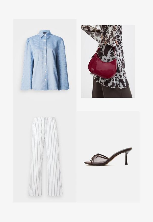 Blouse à manches longues bleu clair avec un motif floral texturé, col pointu et boutons blancs sur le devant.; Pantalons blancs avec des rayures verticales bleu, fabriqués en tissu léger. Équipés d'une taille élastique et de jambes larges et évasées.; Mule ouverte marron avec talon aiguille de hauteur moyenne, tige en mesh transparent et petit détail de nœud sur le dessus.; Femme portant un chemisier à motif noir et blanc tenant un sac à main rouge brillant sur un fond uni.