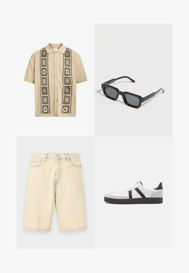 Camisa beige de manga corta con cierre de botón, que presenta patrones geométricos decorativos en verde y negro en la parte delantera y detalles de punto texturizado.; Pantalones cortos de mezclilla beige con cierre frontal de botón y cremallera, trabillas para cinturón y dos bolsillos delanteros, mostrados planos sobre un fondo blanco.; Zapatilla blanca con acentos en negro y gris, que presenta una puntera texturizada en gris, suela de goma negra y cordones planos blancos. Diseño limpio, estilo minimalista.; Gafas de sol rectangulares negras con montura gruesa y lentes tintados oscuros, inclinadas sobre un fondo blanco.