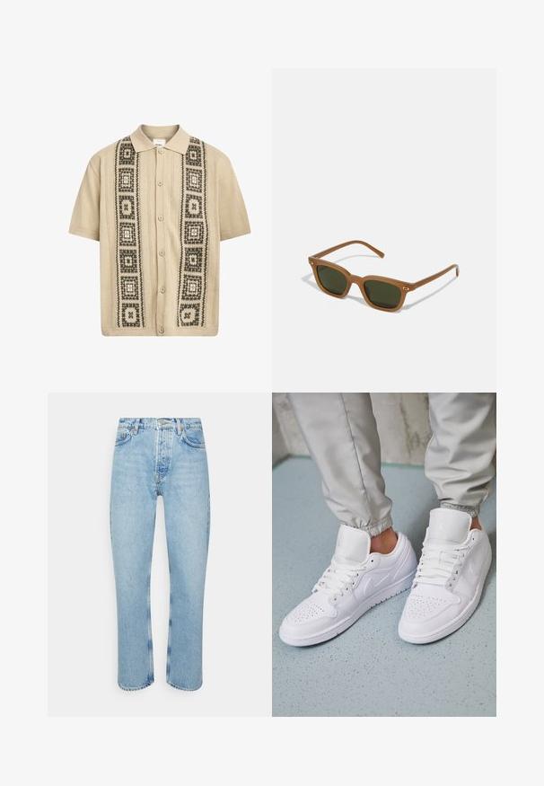 Chemise beige à manches courtes avec fermeture à boutons, présentant des motifs géométriques décoratifs verts et noirs sur le devant et des détails en tricot texturé.; Jean en denim bleu clair avec une coupe droite, taille haute, design à cinq poches et détails de couture visibles sur les coutures et les ourlets.; Des baskets en cuir blanc présentent une zone de perforation à l'avant, des lacets plats, un col rembourré et le logo Jordan sur la languette. Portées avec un pantalon de jogging gris.; Lunettes de soleil en acétate marron avec des verres vert foncé, de forme rectangulaire et des accents dorés sur les branches. Texture lisse, design minimaliste.