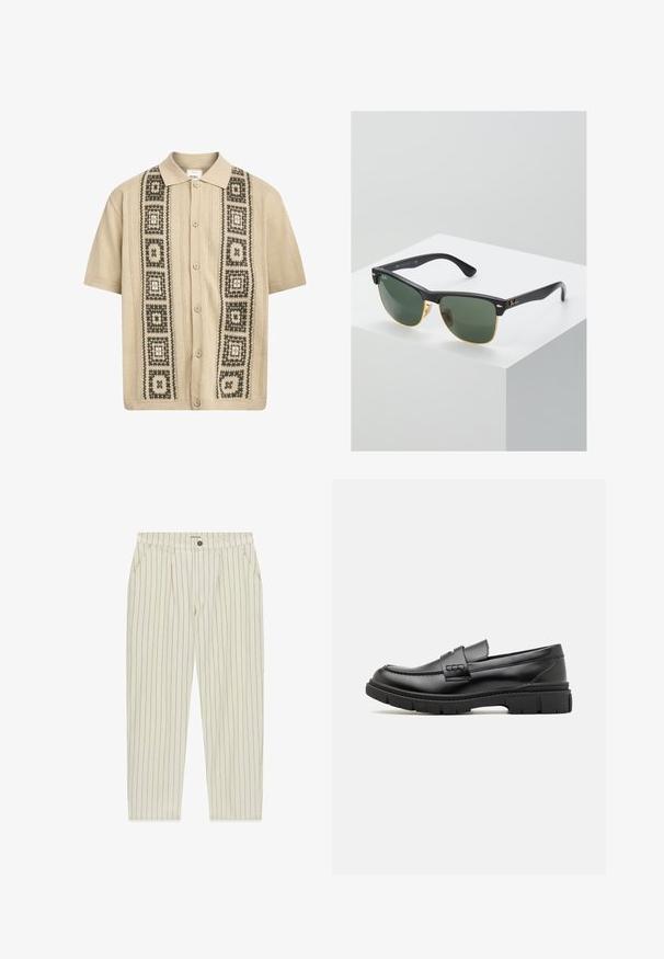 Camisa beige de manga corta con cierre de botón, que presenta patrones geométricos decorativos en verde y negro en la parte delantera y detalles de punto texturizado.; Pantalones beige con finas rayas verticales negras, botón frontal y cremallera, bolsillos laterales y trabillas para cinturón, con la etiqueta "Guess Jeans" en el interior de la cintura.; Mocasin de cuero negro con una cinta ancha en el empeine, suela de goma con tacos gruesos y textura suave. Diseño clásico y elegante.; Gafas de sol Ray-Ban con lentes verdes, montura de plástico negro y acentos dorados en los bordes. Forma cuadrada con acabado mate.