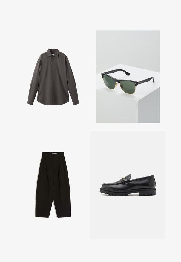 Chemise à manches longues gris foncé avec un devant à boutons, un col classique et un tissu texturé. Présente une coupe décontractée et un motif subtil.; Pantalon noir à jambes larges en tissu doux, avec un devant plissé, une fermeture à boutons et des poches latérales pour plus de fonctionnalité.; Mocassins en cuir noir avec une finition lisse, bout rond, une sangle décorative avec des accessoires en or, et une semelle noire robuste.; Lunettes de soleil Ray-Ban avec des verres verts, monture en plastique noir et accents dorés sur les bords. Forme carrée avec une finition mate.