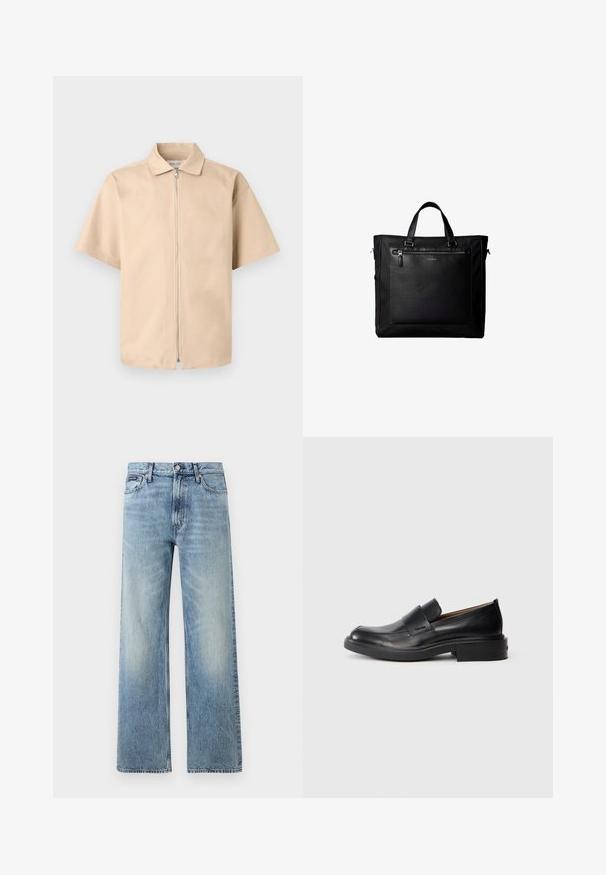 Chemise beige à manches courtes avec col et fermeture éclair devant, présentée sur un fond clair uni.; Jean droit en denim bleu clair avec taille haute, cinq poches, fermeture à boutons et léger délavage sur les cuisses et les genoux.; Chaussure habillée noire en cuir, à enfiler, avec un petit talon et un logo Calvin Klein discret sur le côté, présentée de profil sur un fond blanc.; Sac cabas noir avec doubles poignées, grande poche avant en cuir avec fermeture éclair et logo discret Calvin Klein au centre de la poche.