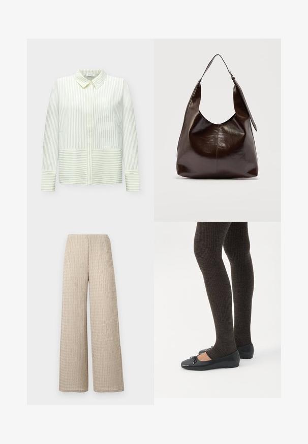 Blouse blanche à manches longues avec fines rayures noires verticales sur le haut et rayures horizontales sur la partie inférieure et aux poignets, avec un col pointu.; Pantalon beige à jambes larges avec un motif texturé ondulé subtil et une ceinture élastique, présenté sur un fond blanc.; Jambes portant des leggings côtelés foncés associés à des ballerines noires avec de petits détails en nœud sur fond blanc.; Sac à bandoulière en cuir marron foncé brillant avec une seule large sangle et un détail de boucle sur un côté, posé sur un fond clair uni.