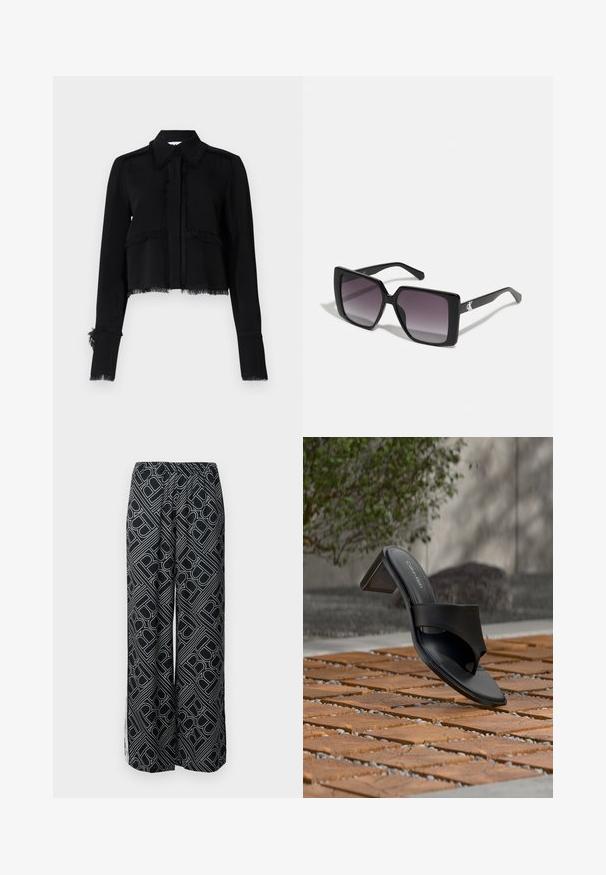 Black cropped jacket featuring frayed edges, long sleeves, a pointed collar, and a button closure in a smooth, lightweight fabric.; Wide-leg trousers made of black fabric featuring a white geometric pattern. Elastic waistband, flowing design, and side slits.; Black Calvin Klein heeled sandal with toe loop on wooden tile floor outdoors near a tree and stone wall.; Black square sunglasses with gradient gray lenses. Glossy frames with clean lines. Silver logo accent on the temples.