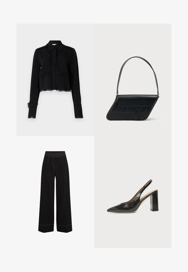 Veste noire courte avec bords effilochés, manches longues, col pointu et fermeture à boutons, en tissu lisse et léger.; Pantalons larges noirs avec une ceinture élastique texturée. Caractéristiques de coutures blanches le long des poches et des ourlets. Fini en tissu lisse.; Chaussure slingback en cuir noir à bout pointu avec un talon bloc haut et une doublure intérieure beige sur un fond clair uni.; Sac d'épaule en cuir noir de forme triangulaire, avec un logo embossé et une seule bandoulière réglable. Design minimaliste avec une texture lisse.