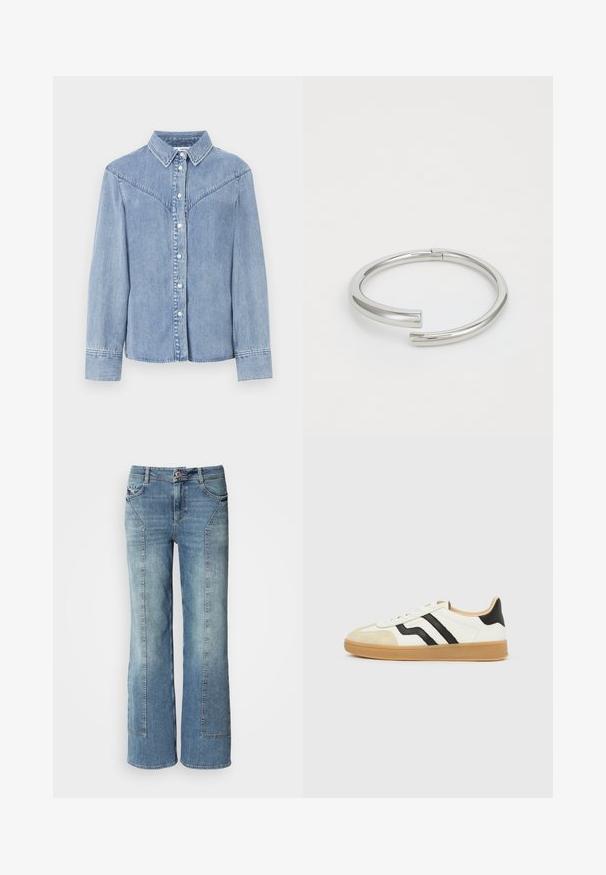 Chemise en denim bleu clair avec des manches longues, boutonnière à l'avant, col pointu et détails de style western sur les épaules.; Jean large en denim bleu clair avec un délavage, comprenant cinq poches, des coutures contrastées et une fermeture à bouton au niveau de la taille.; Baskets blanches avec embout beige, bandes latérales noires, semelle brun clair et design bas.; Calvin Klein SPIRAL - Bracelet - silver-coloured