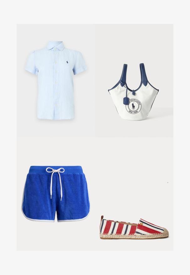 Light blue short-sleeve button-up shirt with collar and embroidered dark blue logo on the left chest.; Blue terry cloth shorts with white trim and a white drawstring tied in a bow at the elastic waistband.; Flat espadrille shoe with red, white, and navy stripes, jute sole, and small gold logo detail near the top edge.; White canvas tote bag with navy blue handles and trim, featuring Ralph Lauren logo patch in front and a small hanging tag.