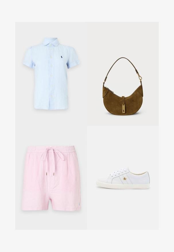 Light blue short-sleeve button-up shirt with collar and embroidered dark blue logo on the left chest.; Light pink women's shorts with elastic waistband and front drawstring, made from a soft, lightweight fabric.; Lauren Ralph Lauren JANSON II ACTION LEATHER SNEAKER - Trainers - real white; Brown suede handbag with a curved shape, gold hardware, and a zipper closure. Features a short, adjustable shoulder strap.