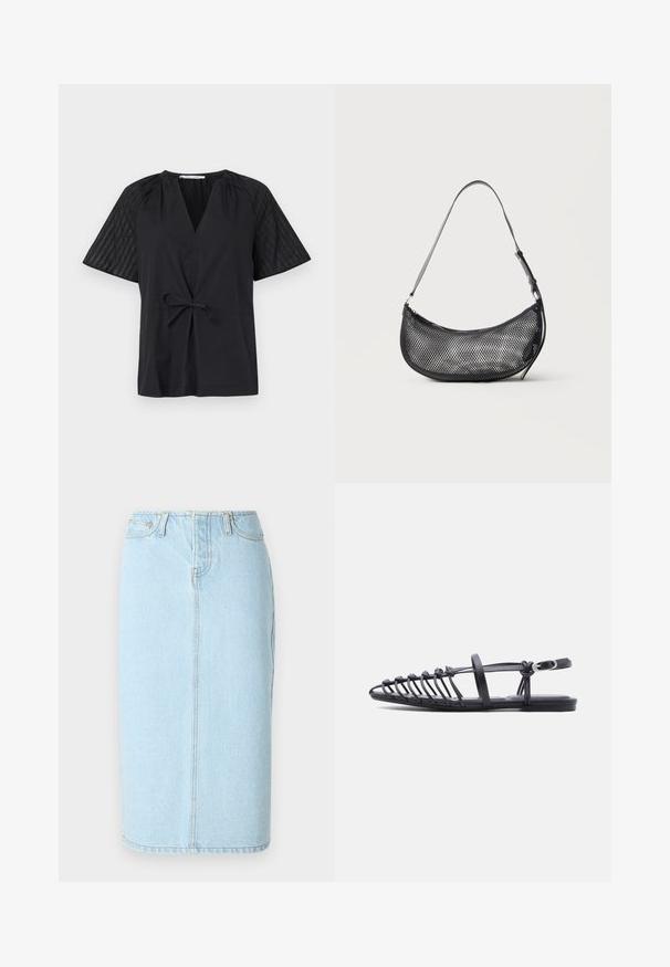Sort top med V-hals, korte ærmer og bindebånd i taljen. Har tekstureret, mønstret stof på ærmerne og en glat krop.; Lys blå denim blyantskørt med høj talje, fem lomme-design og subtile syninger langs sømmene.; Sort flad sandal med flere tynde remme, ankelrem med spænde og åben tå-burdesign på hvid baggrund.; Lille sort mesh skuldertaske i halvmåneform med justerbar tynd rem, sat mod en ensfarvet lys baggrund.
