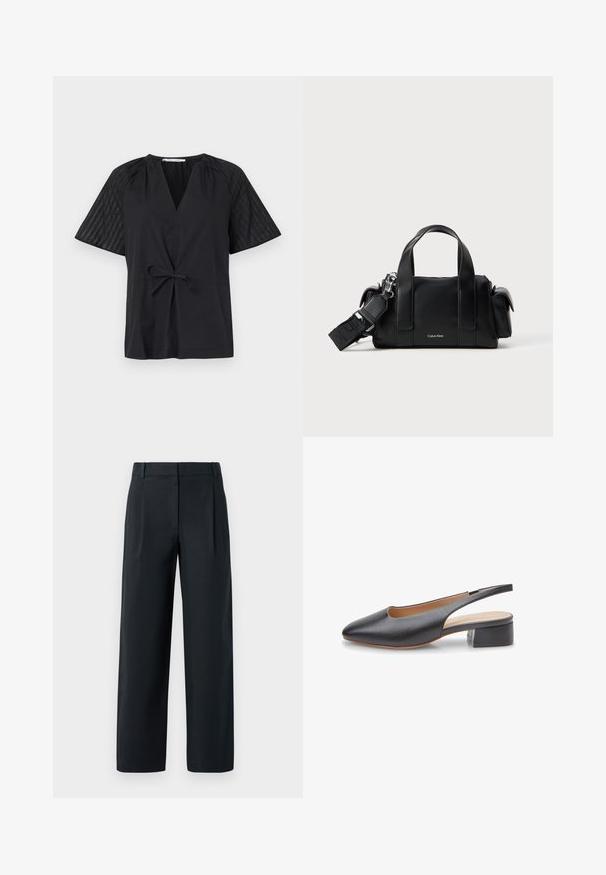 Camiseta negra con escote en V, manga corta y cintura con lazo. Presenta una tela texturizada y con estampado en las mangas y un cuerpo suave.; Pantalones negros ajustados con un diseño de pierna recta, que cuentan con pliegues delanteros, una textura suave y pasadores para cinturón. Sin bolsillos visibles.; Zapato slingback de cuero negro con punta puntiaguda, tacón bajo de bloque y diseño recortado en los lados. Textura suave y detalles mínimos.; Bolso de mano de cuero negro con dos asas superiores y una correa de hombro desmontable. Presenta un cierre con cremallera y un sutil logo en la parte frontal.