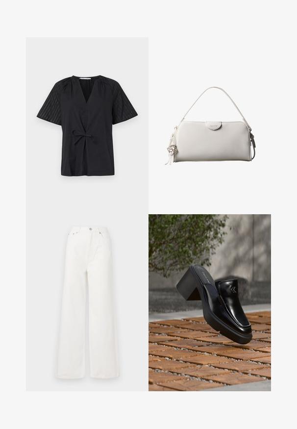 Camiseta negra con escote en V, manga corta y cintura con lazo. Presenta una tela texturizada y con estampado en las mangas y un cuerpo suave.; Jeans de mezclilla de cintura alta y pierna ancha en color blanco. Cuenta con bolsillos delanteros, un cierre de botón y detalles de dobladillo deshilachado.; Mule tipo slip-on de cuero negro de Calvin Klein con tacón de bloque descansando sobre baldosas de madera al aire libre cerca de una planta verde y una pared gris.; Bolso rectangular blanco de Calvin Klein con un solo asa, diseño minimalista y borlas decorativas con un charm metálico geométrico en el lateral.
